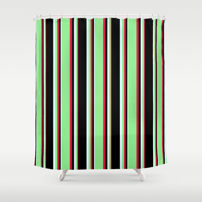 Crimson, Light Green, Light Cyan, and Black Colored Pattern of Stripes Shower Curtain