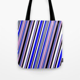[ Thumbnail: Blue, Light Slate Gray, Plum, Black & White Colored Stripes/Lines Pattern Tote Bag ]