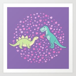 Cute Dinosaurs in Love, Purple Art Print