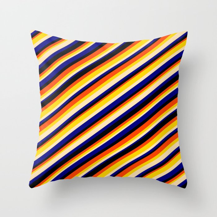 Eye-catching Red, Yellow, Beige, Blue & Black Colored Striped Pattern Throw Pillow
