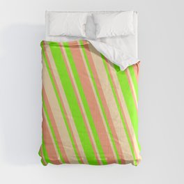 [ Thumbnail: Beige, Light Salmon & Chartreuse Colored Stripes Pattern Comforter ]