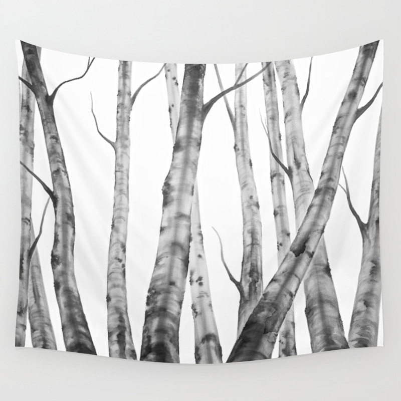 Birch Tree Watercolour Painting Black And White Black And