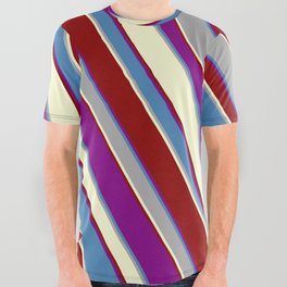 [ Thumbnail: Colorful Purple, Blue, Dark Grey, Light Yellow, and Dark Red Colored Striped/Lined Pattern All Over Graphic Tee ]