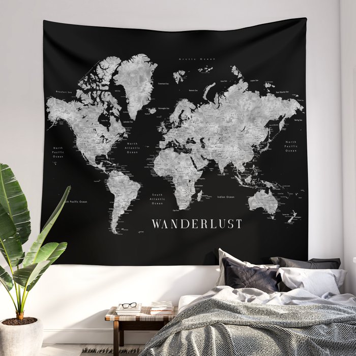 Wanderlust detailed black world map baibah Wall Tapestry by blursbyaiShop Society6