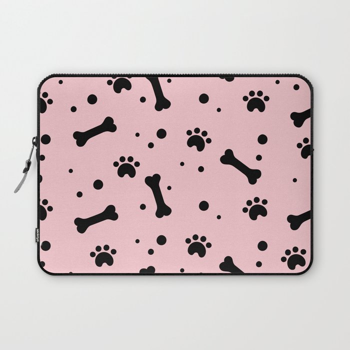 Black dog paw and bones pattern on pink background Laptop Sleeve