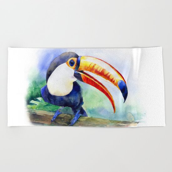 Toucan watercolor illustration, aquarelle art bird Beach Towel