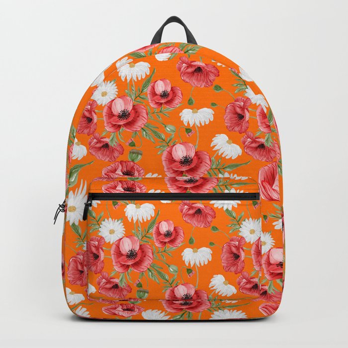 Daisy and Poppy Seamless Pattern on Orange Background Backpack