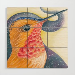Red Rufous Hummingbird Galaxy Stars Watercolor Wood Wall Art