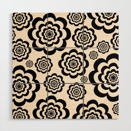Flower Trip Retro Floral Pattern in Black and Almond Cream Wood Wall Art