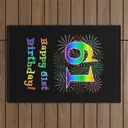 [ Thumbnail: 61st Birthday - Fun Rainbow Spectrum Gradient Pattern Text, Bursting Fireworks Inspired Background Outdoor Rug ]