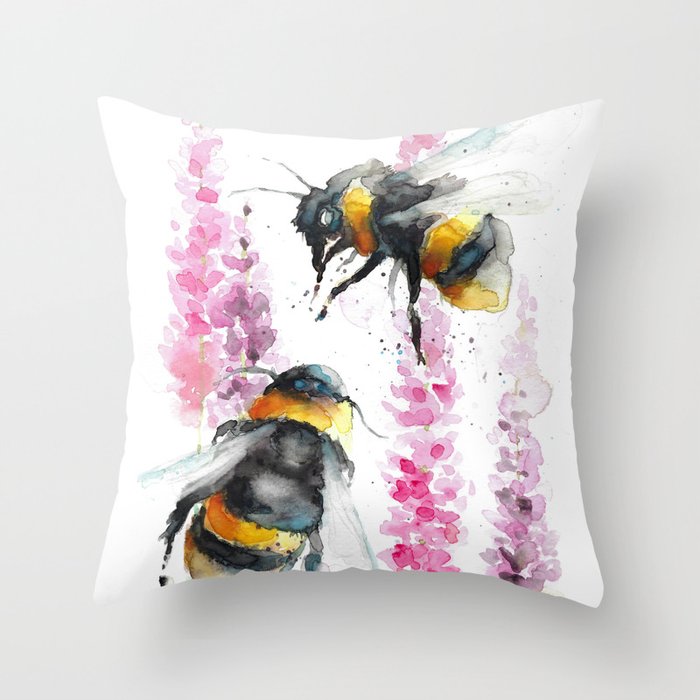 Bumblebees watercolor art Throw Pillow