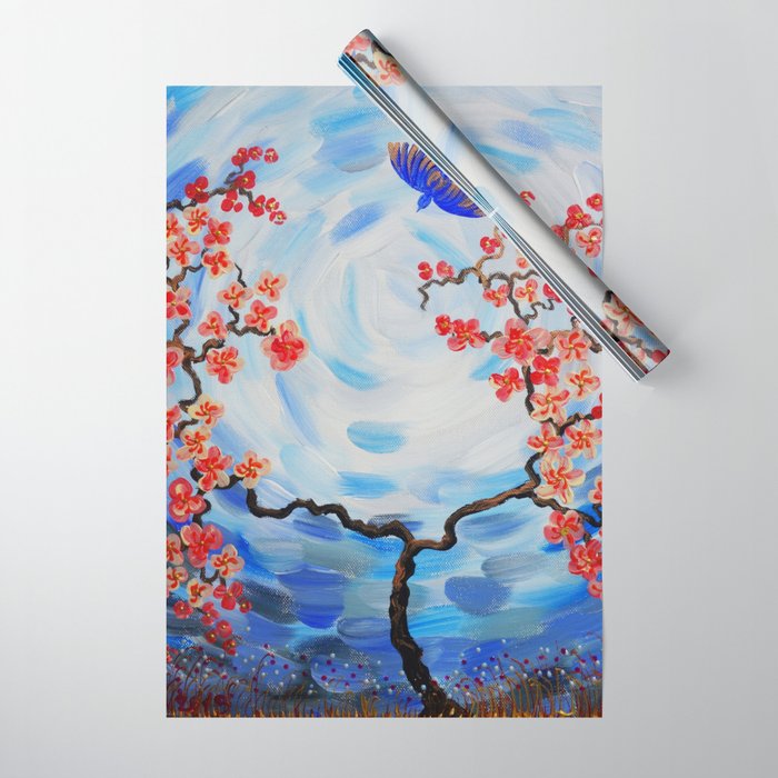 Blue Sky Red Cherry Blossom Tree Bird Painting By Ksavera Wrapping