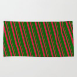 [ Thumbnail: Crimson & Dark Green Colored Lined/Striped Pattern Beach Towel ]