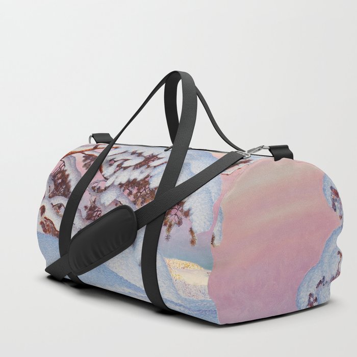 Snow and shadow on the snow-covered mountain | sunset with moon alpine painting | Gustaf Fjaestad Duffle Bag