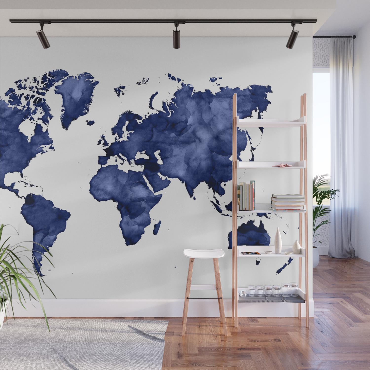 Dark Navy Blue Watercolor World Map Wall Mural By Blursbyaishop