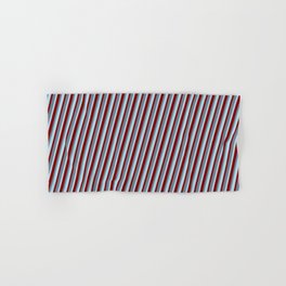 [ Thumbnail: Slate Gray, Light Blue, and Maroon Colored Stripes Pattern Hand & Bath Towel ]