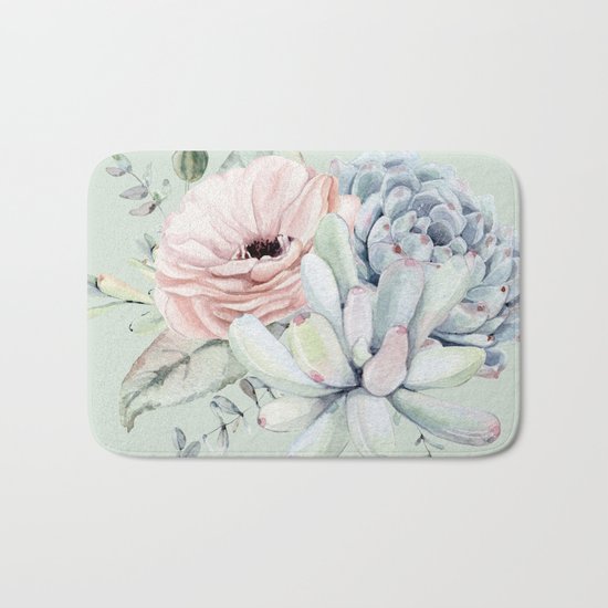 Delightful Mint + Pink Succulents Bath Mat
