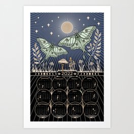 Luna Moths with moon and mushrooms - art and 2022 Lunar calendar (Northern Hemisphere) Art Print