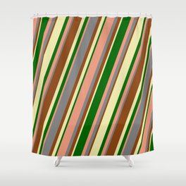 [ Thumbnail: Colorful Grey, Brown, Pale Goldenrod, Dark Green & Dark Salmon Colored Lined/Striped Pattern Shower Curtain ]