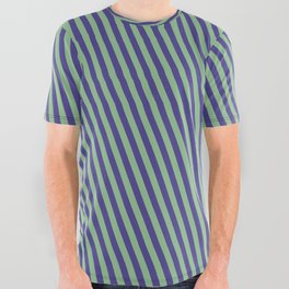[ Thumbnail: Dark Sea Green and Dark Slate Blue Colored Stripes Pattern All Over Graphic Tee ]
