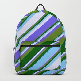 [ Thumbnail: Vibrant Medium Slate Blue, Green, Dark Green, Light Sky Blue & Lavender Colored Stripes Pattern Backpack ]