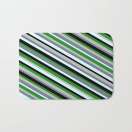 [ Thumbnail: Eye-catching Forest Green, Grey, Slate Gray, Light Cyan & Black Colored Lined/Striped Pattern Bath Mat ]