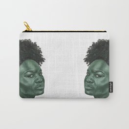 Green elegant monochrome female portrait Carry-All Pouch | Ebony, Curlyhair, Ink, Blackwoman, Painting, Oilpaint, Fineart, Delicateportrait, Delicatewomen, Afrofemale 