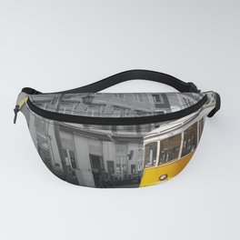 Tram in Lisbon Streets - Black and White - Portugal Travel Street Photography Horizontal Fanny Pack