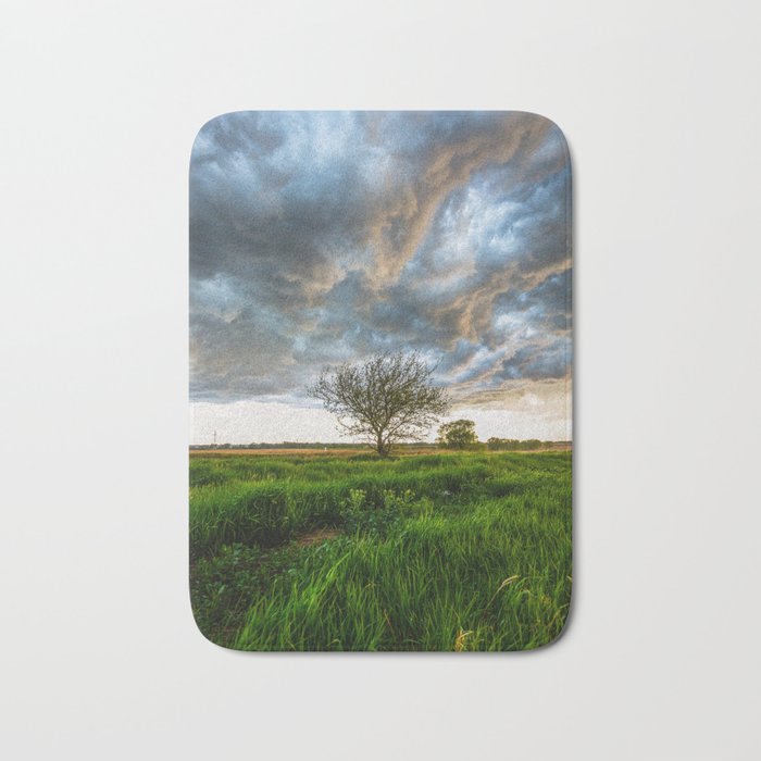 Stormy Day on the Plains - Tree Under Stormy Sky on Spring Day on the Plains of Kansas Bath Mat