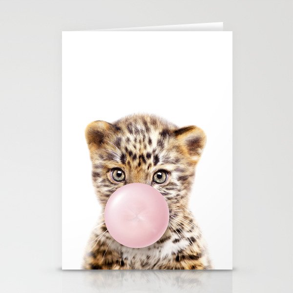 Baby Leopard Blowing Bubble Gum, Pink Nursery, Baby Animals Art Print by Synplus Stationery Cards