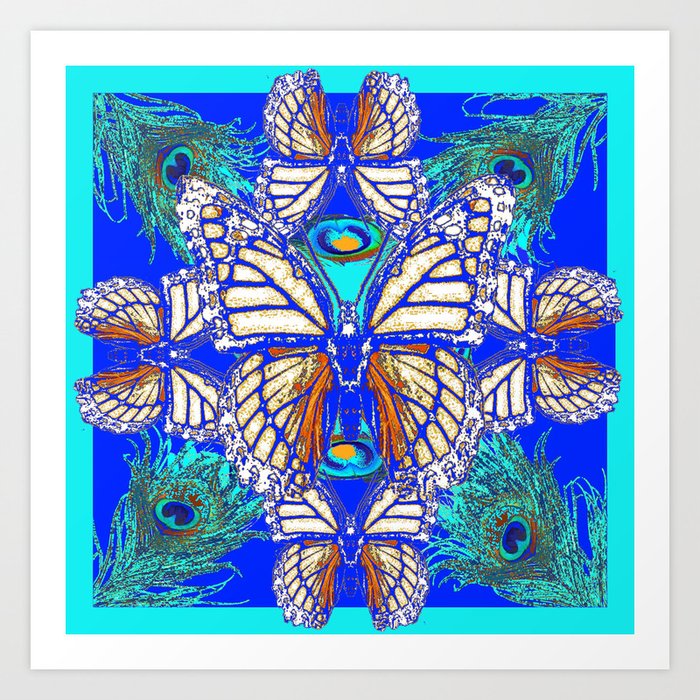 TURQUOISE & CREAM COLORED BUTTERFLIES  BLUE PEACOCK ART Art Print