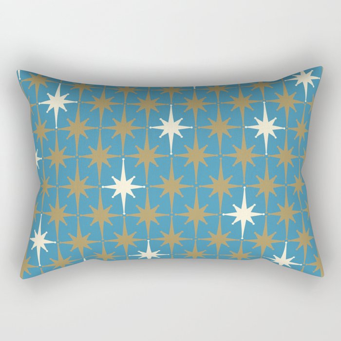 Atomic Age Retro Starburst Mid-century Modern Pattern in Burnished Gold, Cream, and 50s Blue Rectangular Pillow