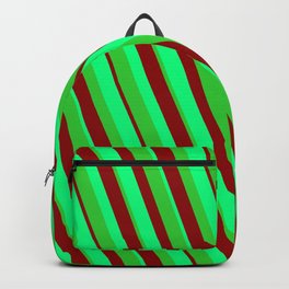 [ Thumbnail: Green, Lime Green & Dark Red Colored Stripes/Lines Pattern Backpack ]