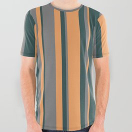 [ Thumbnail: Grey, Dark Slate Gray & Brown Colored Lined/Striped Pattern All Over Graphic Tee ]