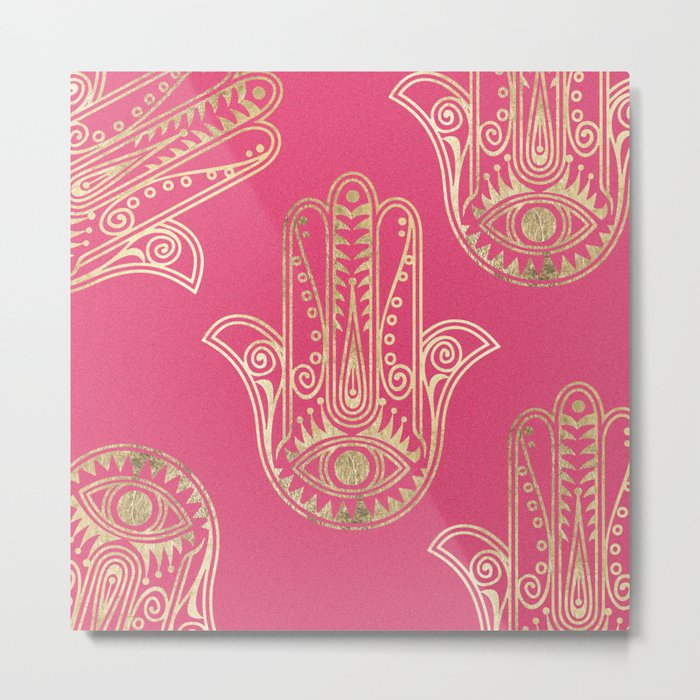 Neon pink faux gold inspirational Hamsa hand of Fatima Metal Print