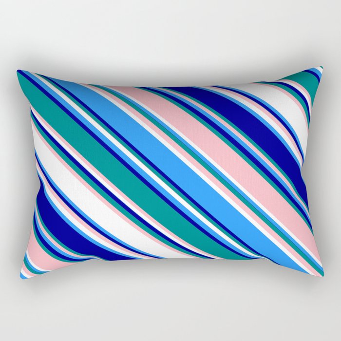 Colorful Blue, Dark Blue, Teal, Light Pink, and White Colored Lines Pattern Rectangular Pillow