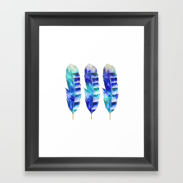 Blue Turquoise Watercolor Feather Art Framed Art Print