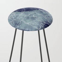 Dark Blue Floral Flower Watercolor Counter Stool