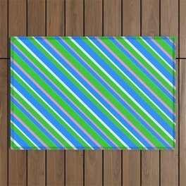 [ Thumbnail: Lime Green, Plum, Blue & Light Cyan Colored Pattern of Stripes Outdoor Rug ]
