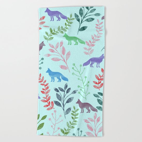 Watercolor Floral & Fox Beach Towel