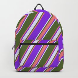 [ Thumbnail: Dark Olive Green, Light Coral, Purple & Lavender Colored Stripes/Lines Pattern Backpack ]