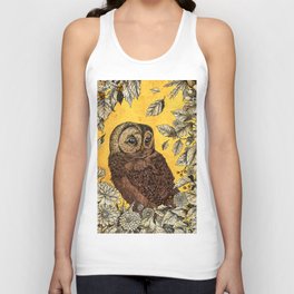 Tawny Owl Yellow Tank Top | Vintage, Drawing, Berries, Drafting, Owl, Nature, Feathers, Flowers, Illustration, Digital 