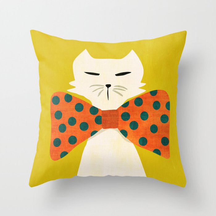 Cat with incredebly oversized humongous bowtie Throw Pillow