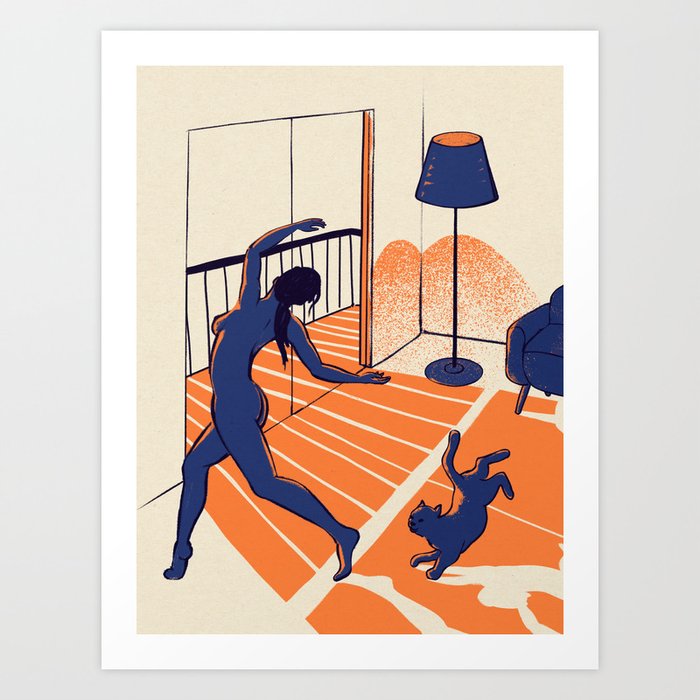 Dancing with the cat | Moody sunset light and shadows | Aesthetic room | Naked dance | Femme Fatale | Sunlight | Alone at Home Again | Balcony | Quarantine Pawfect Buddies Art Print