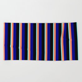 [ Thumbnail: Eye-catching Dark Cyan, Turquoise, Coral, Dark Blue, and Black Colored Striped Pattern Beach Towel ]