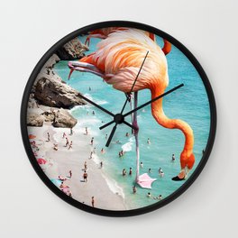 Flamingos on the Beach, Wildlife Surrealism Birds, Nature Flamingo Fantasy Beach Summer Photography Wall Clock