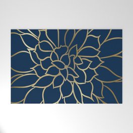 Floral Prints, Line Art, Navy Blue and Gold Welcome Mat