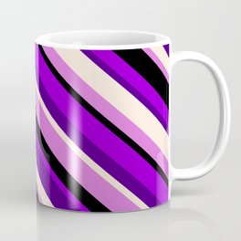 [ Thumbnail: Dark Violet, Indigo, Beige, Orchid, and Black Colored Pattern of Stripes Coffee Mug ]
