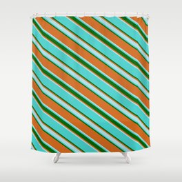 [ Thumbnail: Turquoise, Dark Green, Chocolate & Powder Blue Colored Lines Pattern Shower Curtain ]