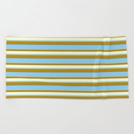 [ Thumbnail: Light Sky Blue, Dark Goldenrod, and Light Yellow Colored Lined/Striped Pattern Beach Towel ]